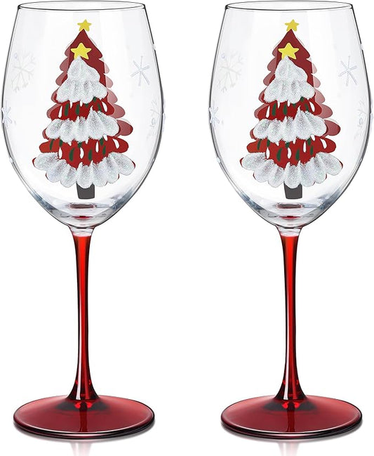 Joeyan Christmas Crystal Red and White Wine Glasses,Hand Painted Glass Goblet Drinking Glasses,Red Xmas Tree and Snowflakes Patterned Glass Tumbler Cups with Stem,Gift for Men Women,19.5 oz,Set of 2