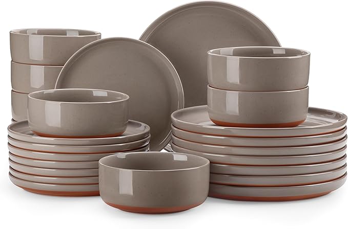 MALACASA Plates and Bowls Sets, 24 Pieces Modern Ceramic Dinnerware Set for 8 Kitchen Dinner Set Stoneware Dishware Dishes Set Microwave and Dishwasher Safe, Brown, Series TARA
