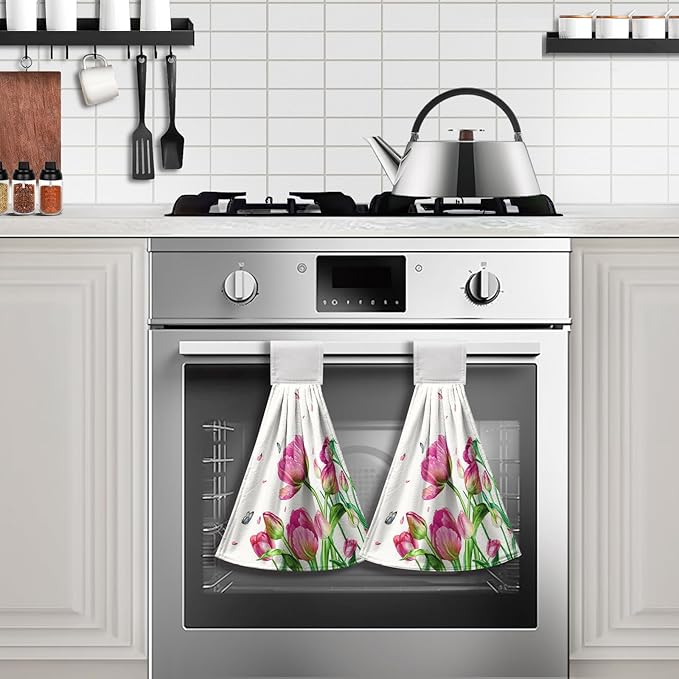 Pink Tulip Flower Hanging Kitchen Towels Spring Floral Hand Towels with Hanging Loop Set of 2 Decorative Summer Tea Towel Soft Absorbent Dish Tie Towels for Bathroom Kitchen 12x17 Inches