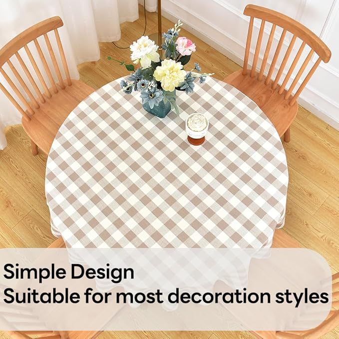 Gingham Round Tablecloth Table Cloth Heavy Duty Cotton Checkered Table Cloth Round Cover for Dining Room (R-Beige, 53 inch Diameter)