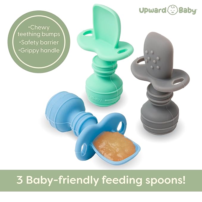UpwardBaby Silicone Baby Spoons Self Feeding 6 Months - Feeding Essentials, Baby Led Weaning Supplies, BPA Free, Chewable Toddler Utensils with Anti Choke Barrier