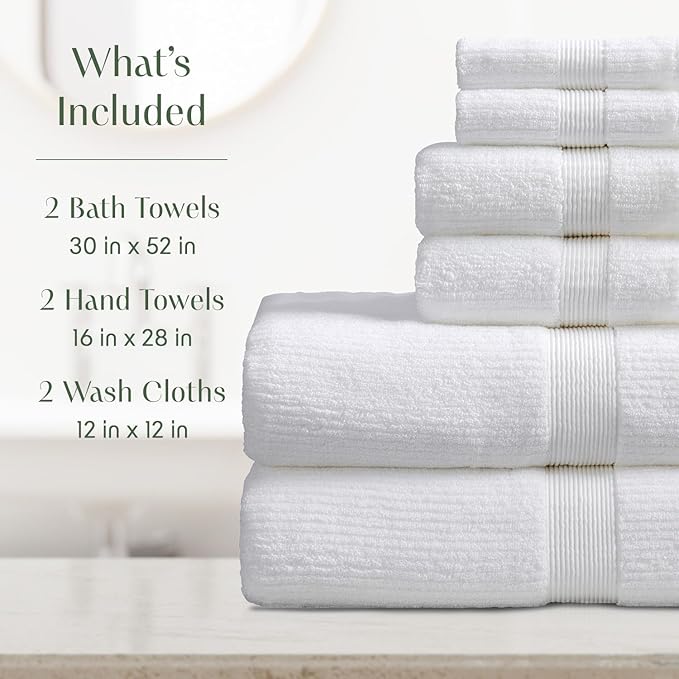 Springtree Home White Bath Towels Set of 6 | Ribbed Textured | 100% Combed Cotton | Absorbent Quick-Dry Towels for Bathroom | Oeko-TEX® Standard 100 Cotton | Mauro Collection - Bright White