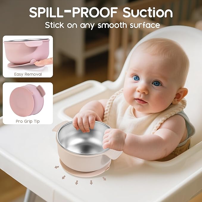 Bella’s Friends Stainless Steel and Silicone Baby Bowls with Suction 3 Pack, 4.3” for Toddlers Kids Feeding, Non-Slip, Non-Toxic, Mess-Free, Dishwasher Safe, Fit High Chair Size, light pink beige pink
