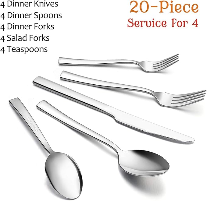20-Piece Silverware Set, E-far Stainless Steel Flatware Set Service for 4, Modern Tableware Cutlery Set includes Forks, Spoons, Knives, Square Edge & Mirror Finish, Dishwasher Safe