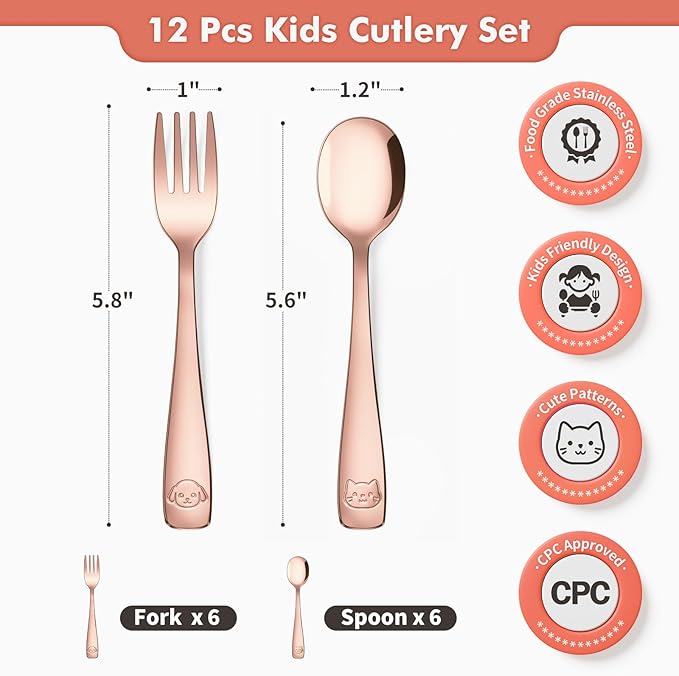 DRKIO Stainless Steel Toddler Utensils Set - 12 Pieces Kids Silverware Set Children Safe Food Grade Small Forks and Spoons Dishwasher Safe Mirror Polished