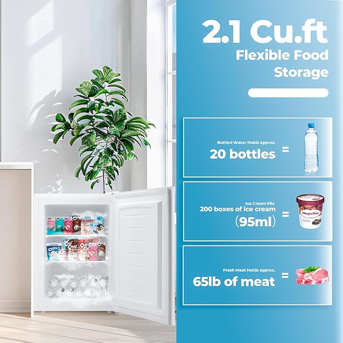 2.2 Cu.ft Upright Freezer, Small Mini Freezer with Adjustable Thermostat, Removable Shelves, Reversible Single Door, for Bedroom/Home/Dorms/Apartment (White)