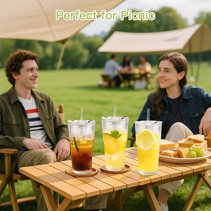 Ruckae 20oz Reusable Ribbed Glass Tumbler Set – 2 Pack Leakproof Glass Cups with Bamboo Lids,Thickened Glass– Aesthetic Iced Coffee Glasses for Home, Office, Travel, and Gifts (4, Transparent)