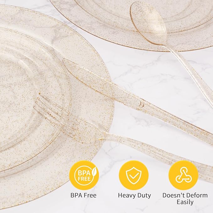 Goodluck 150PCS Gold Glitter Plastic Silverware, Glitter Utensil Disposable, Plastic Cutlery Set of 50 Forks, 50 Spoons, 50 Knives for Wedding, Party, Christmas