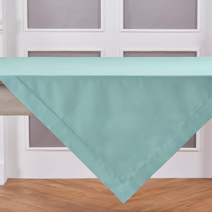 Solino Home Cotton Linen Tablecloth 52 x 52 Inch - Hemstitch Pastel Turquoise Square Tablecloth - Machine Washable Table Throw