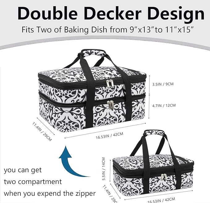 Insulated Casserole Carrier Bag - Double Decker Portable Lunch Transport Tote Bag Fits 9"x13" Lasagna Baking Dish to Keep Food Hot/Cold for Gathering/Potluck Parties/Cookouts/Picnics -Black/white