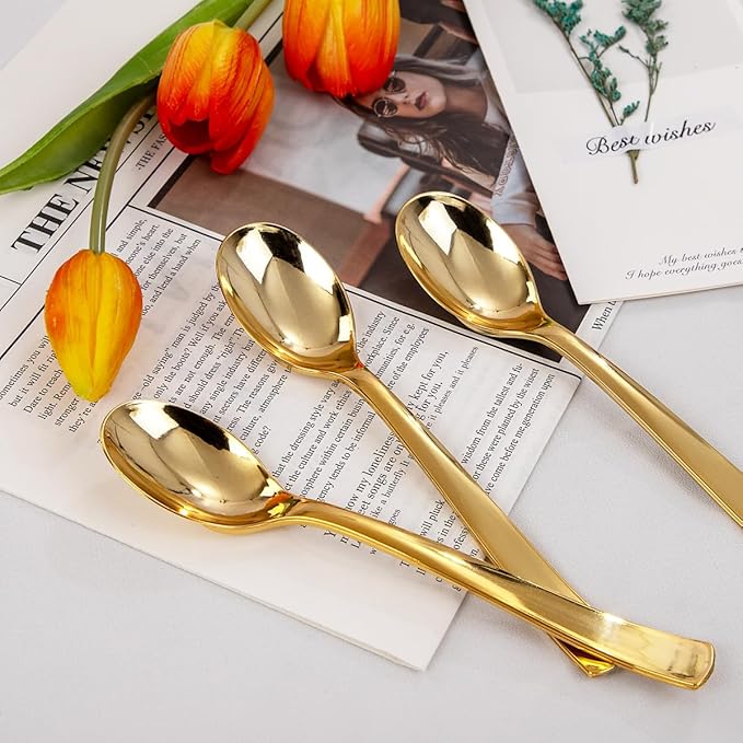 Liacere 360Pcs Plastic Spoons - 6.7 inch Heavy Duty Plastic Spoons-Heavyweight Gold Disposable Spoons-Gold Silverware for Halloween &Chrismas And Daily Using & New Year