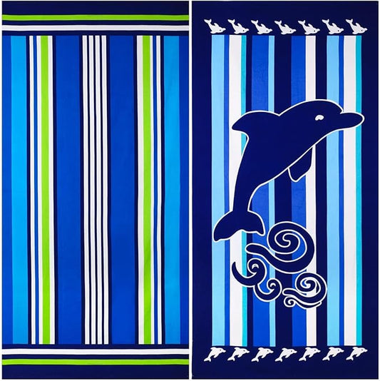2 Packs Oversized Beach Towel Set 36 x 72 in XL Extra Large Big Soft Clearance Pool Swim Camping Travel Terry Towels Blanket for Adult Cruise Lounge Chair Cover Gift Women Men Blue Striped Dolphins