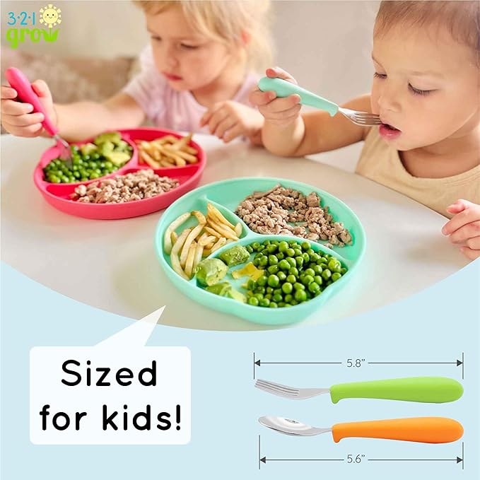 Eat with Me Spoon and Fork Set – Toddler Utensils with Easy-Grip Silicone Handles – Kid-Sized & Safe Stainless Silverware – Promotes Independent Eating – Dishwasher Safe (Midnight)