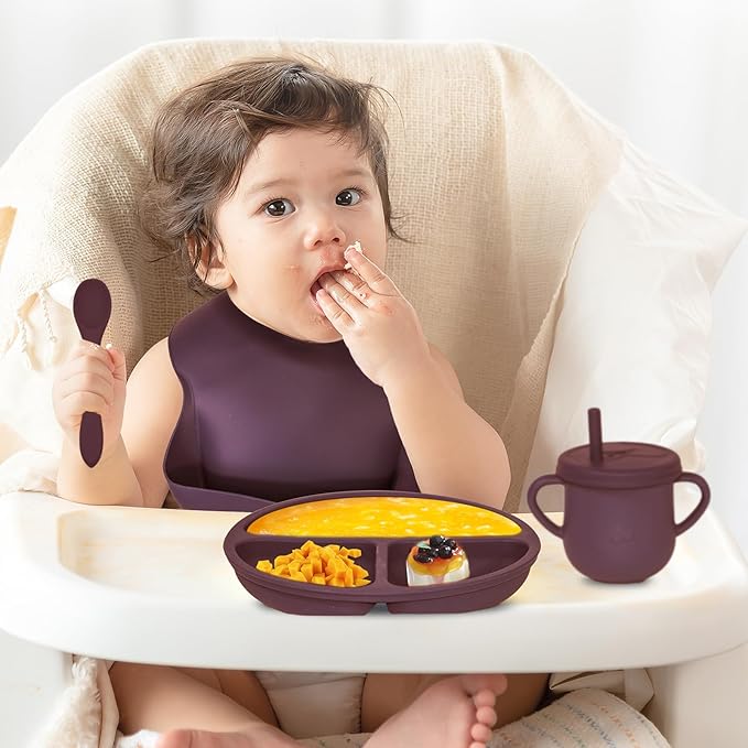 100% Silicone Baby Feeding Set, BPA Free Dishes With Suction Bowl, Divided Plate, Toddler Self Feeding Utensils, Spoons, Forks, Sippy Cup and Bib (Dark Red)