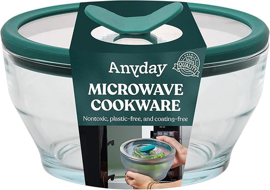 Anyday 8-Cup Glass Food Storage with Glass Lid, Round Deep Dish | Plastic-Free Meal Prep & Microwave Cookware | Stackable Airtight Storage Container with Vented Lid for Microwave-Safe Reheating