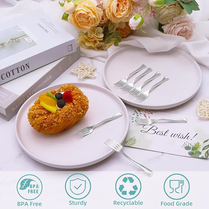 100 PCS Silver Mini Forks Heavy Duty, 4 inch Silver Plastic Fork, Mini Forks for Appetizers, Dessert Fork Disposable, BPA Free, Food Safe, Suitable for All Occasions