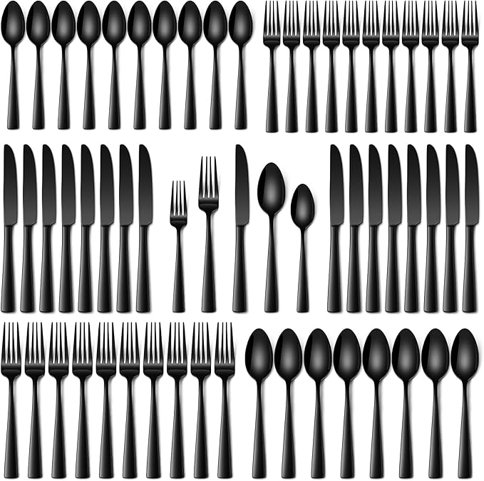 Stapava 60 Pcs Black Silverware Set, Food-Grade Stainless Steel Flatware Set for 12 Mirror Polished Cutlery Utensil Sets Include Dinner Forks Spoons and Knives Set Dishwasher Safe for Home Restaurant
