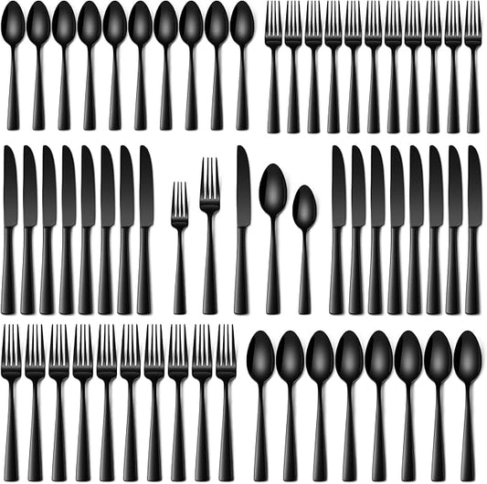 Stapava 60 Pcs Black Silverware Set, Food-Grade Stainless Steel Flatware Set for 12 Mirror Polished Cutlery Utensil Sets Include Dinner Forks Spoons and Knives Set Dishwasher Safe for Home Restaurant
