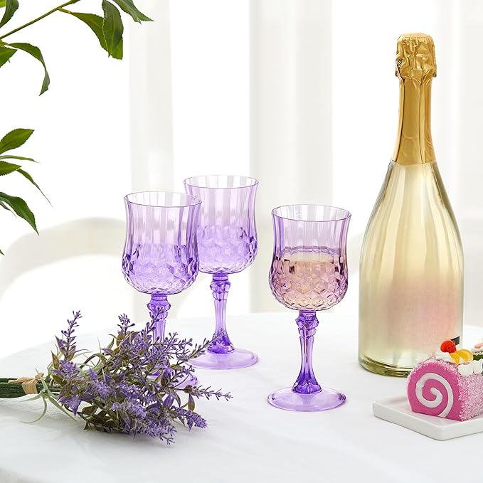 Pinkunn 24 Pcs 7 oz Plastic Vintage Wine Glasses Reusable Colored Goblets Patterned Drinking Water Glasses Cup Dishwasher Safe for Christmas Wedding Reception Party Supplies (Purple)