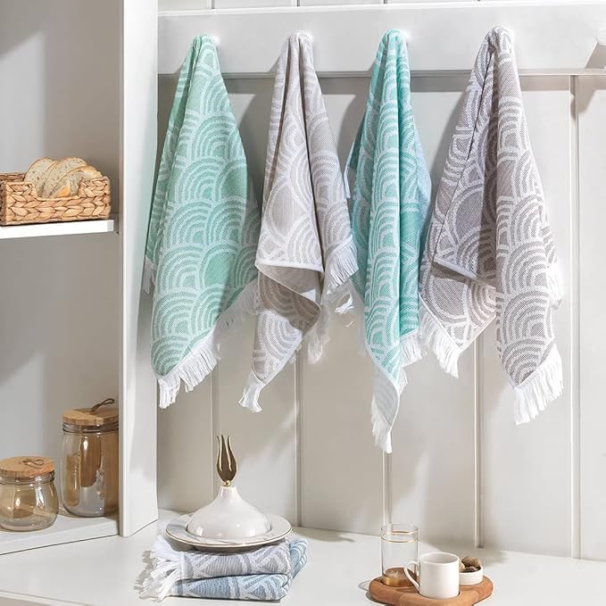 sea me at home Turkish Hand Towels for Bathroom, Kitchen Towels Decorative Set of 2, Luxury Turkish Cotton Dish Tea Towels 14 x 30 Inches for Modern, Boho, and Farmhouse Decor (Green Waves)