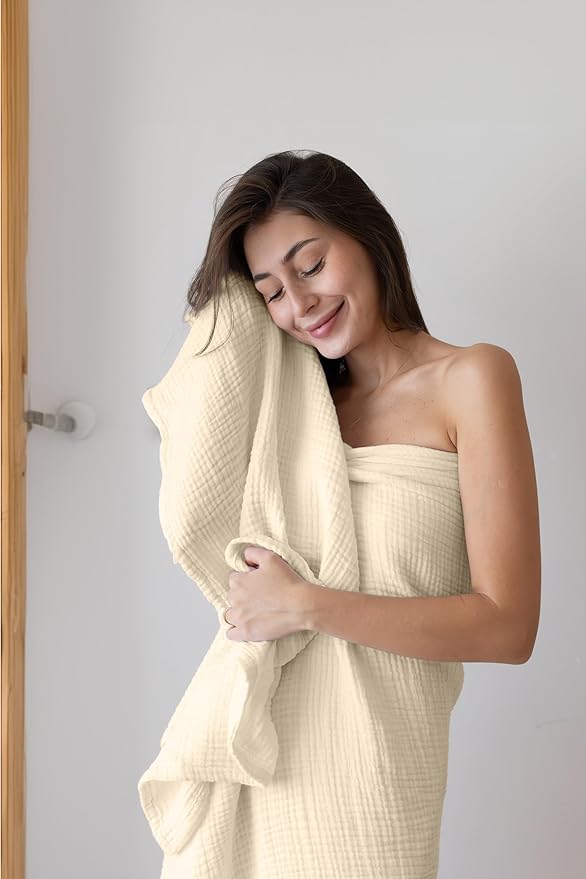 4 Pieces Muslin Towel Set for Bathroom, Luxury 100% Turkish Cotton Thin Soft Quick-Dry Lint-Free Large Size Bath Hand Towel Sets (Natural, 2 Bath & 2 Hand Towel Set)