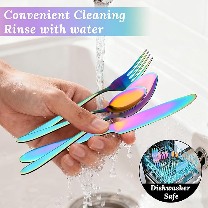 16PCS Rainbow Silverware Set, Stainless Steel Colorful Cutlery Set Include Knife Fork Spoon, Mirror Polished Reusable Tableware Utensil Sets for Home Restaurant Kitchen(Dishwasher Safe)