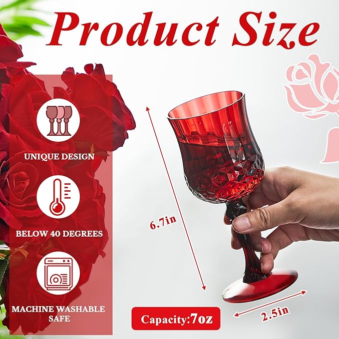 Pinkunn 24 Pcs 7 oz Plastic Vintage Wine Glasses Reusable Colored Goblets Patterned Drinking Water Glasses Cup Dishwasher Safe for Christmas Wedding Reception Party Supplies (Red)