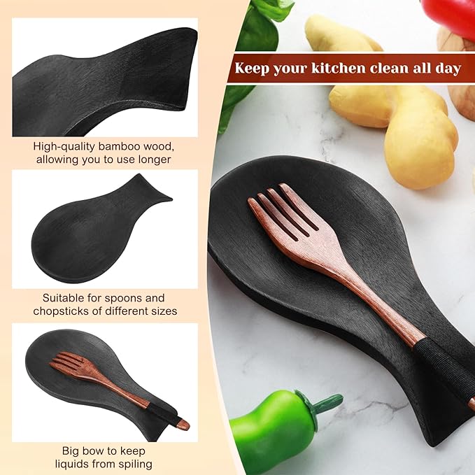 Patelai Acacia Wood Spoon Rest for Stove Top Bamboo Holder for Spatula Rest for Kitchen, Counter Spoon Holder for Countertop, Modern and Rustic for Farmhouse as Dining Table Decoration(Black)