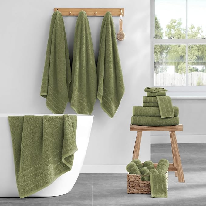 Casa Platino 100% Mercerized Cotton Bathroom Towel Set - 18 Pcs, Hotel Quality - Super Soft & Highly Absorbent - Ring Spun - 6 Large Bath Towels, 6 Washcloths, 6 Hand Towels - Family Pack - Oil Green