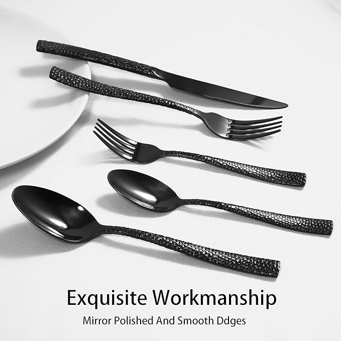 Black Hammered Silverware Set, 20 Piece Stainless Steel Flatware Set for 4, Food-Grade Tableware Cutlery Set for Home Restaurant, Mirror Polished, Dishwasher Safe