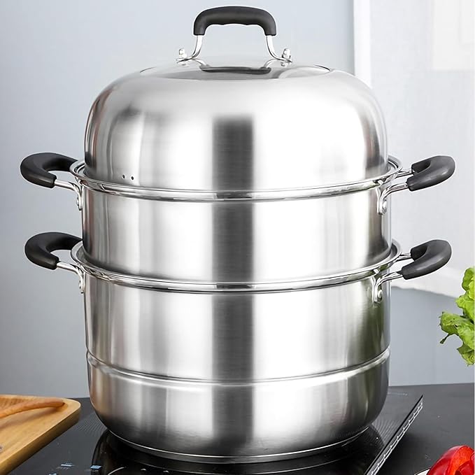 MANO Steamer Pot for Cooking 11.8 inch Steam Pots with Lid 2-tier Stainless Steel Steaming Pot Multipurpose Cookware with Handle for Vegetable, Dumpling, Stock, Sauce, Food