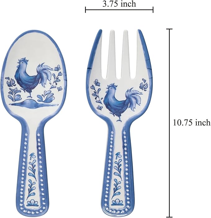 UPware Blue Rooster Melamine Salad Servers, Serving Utensil Set, Includes Serving Fork and Spoon for Tossing Salad, Pasta, Blue, 10.75 Inch, Set of 2