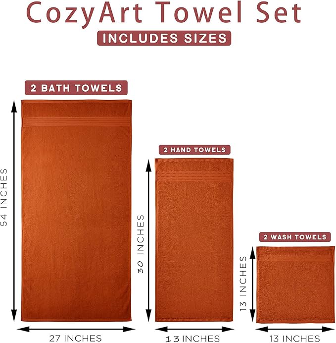 COZYART Burnt Orange Bath Towel Set for Bathroom Turkish Cotton Thick Soft Absorbent Durable 650 GSM Towel Sets of 6, 2 Large Bath Towels, 2 Hand Towels, 2 Washclothes