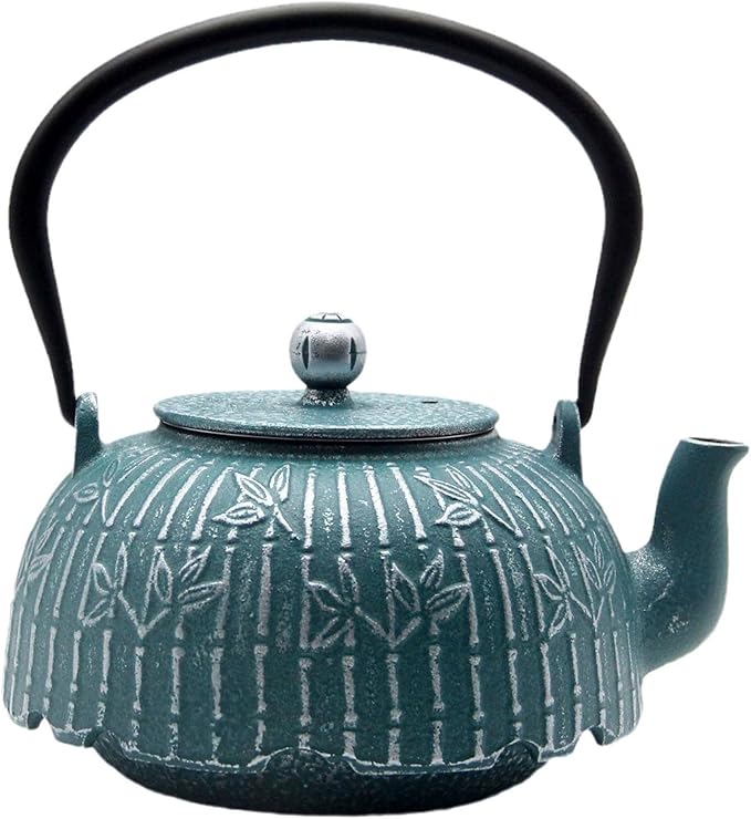 Tea Kettle, Japanese Cast Iron Teapot with Stainless Steel Infuser, Cast Iron Tea Kettle, Durable Teapot Coated with Enameled Interior (40.6oz Blue-green Bamboo Leaf Pattern)