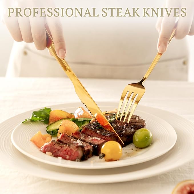 Astercook 24-Piece Gold Silverware Set with Steak Knives Flatware Set for 4 Food-Grade Stainless Steel Cutlery Set Mirror Polished Utensils Set Include Spoons and Forks for Home Kitchen Restaurant