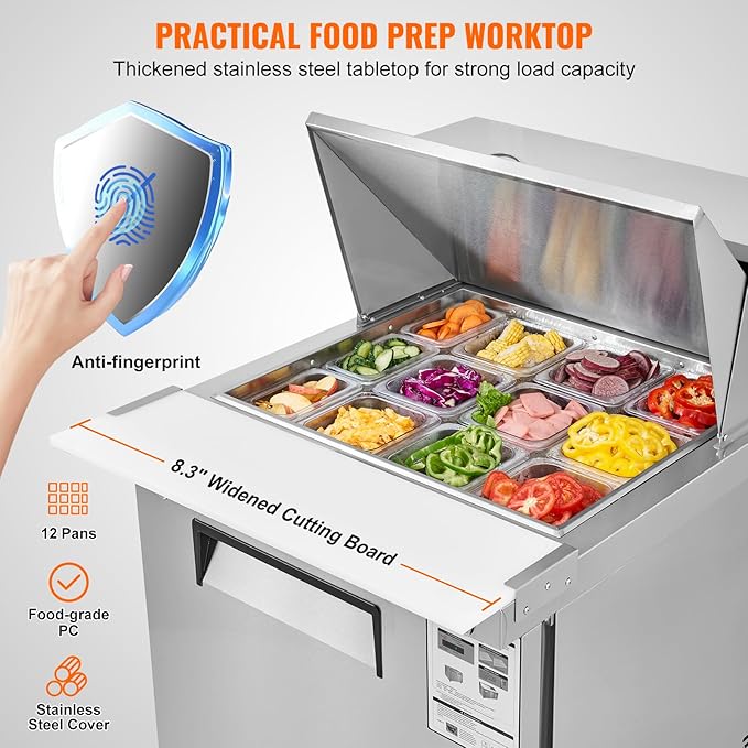 VEVOR 28" Commercial Refrigerator, 12 Pans Sandwich & Salad Prep Table, 7.4 Cu. Ft Stainless Steel Refrigerated Food Prep Station, Frost Free Mega Top Refrigerator for Restaurant, Food Truck, Bar