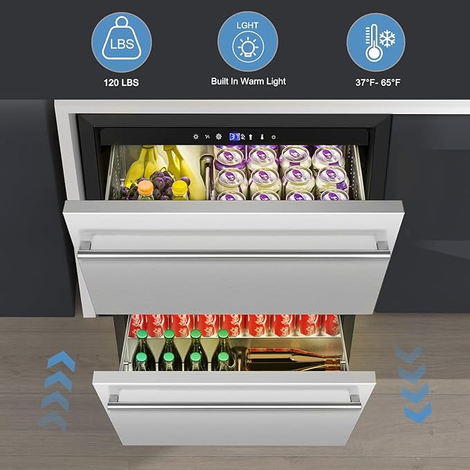 24 Inch Dual Drawer Fridge Under Counter with Wheels, Outdoor Beverage Refrigerator for Patio, Stainless Steel Weather-Proof, Freestanding or Built-In Installation, Ideal for Home and Commercial Use