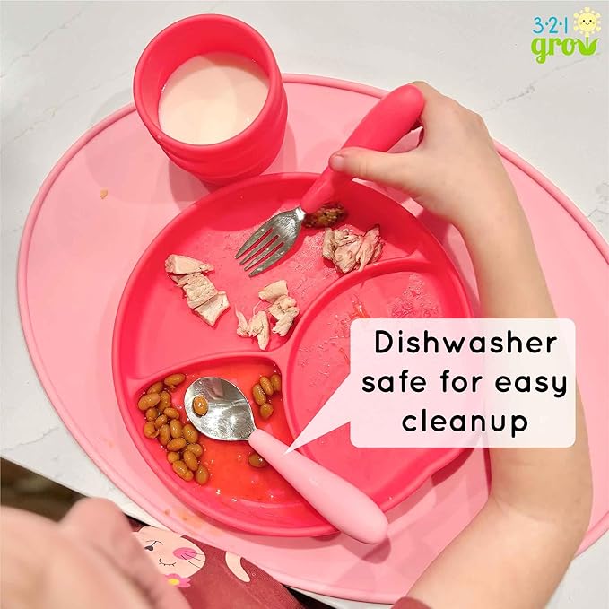 Eat with Me Spoon and Fork Set – Toddler Utensils with Easy-Grip Silicone Handles – Kid-Sized & Safe Stainless Silverware – Promotes Independent Eating – Dishwasher Safe (Watermelon)