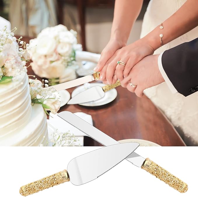 Gold Cake Knife and Server Set - 2 Piece Dessert Set Metal Handle with Crystal Stones Decoration for Wedding, Anniversary Party Birthday Banquets and Gifts for Bride and Groom