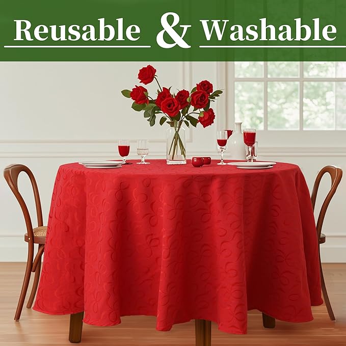 VOOVA & MOVAS Red Round Tablecloth 70" (Seat 4-6), Reusable Table Cloth for 5ft Circle Table, Polyester-Cotton, Washable, 1PC Christmas Holiday Tablecloth with Bow Jacquard
