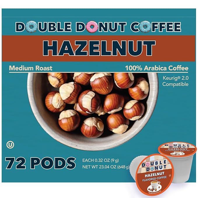 Double Donut Coffee Hazelnut Flavored Coffee Pods, Medium Roast Coffee, Compatible with Keurig K Cups Brewers, 72 Count (Pack of 1)