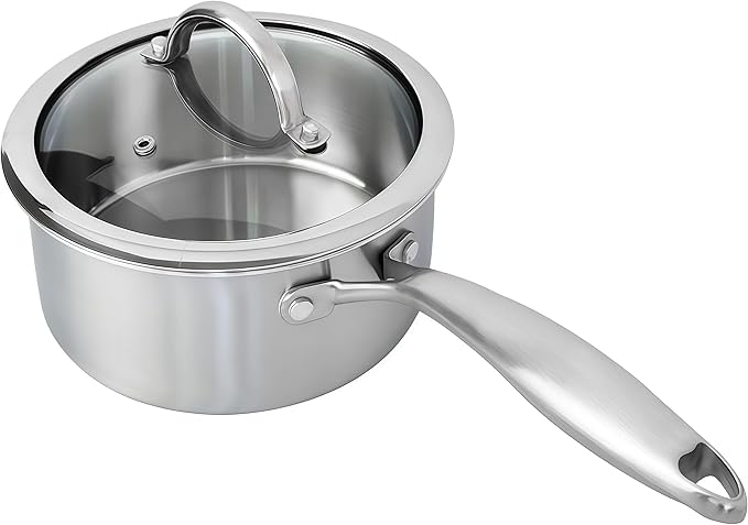 Stainless Steel Small Brushed Saucepan With Lid, Induction Cooking Sauce Pot Pans, 18/10 Tri-Ply Heavy Bottom Saucier Cookware, Dishwasher Safe & Oven Safe (1.5QT)