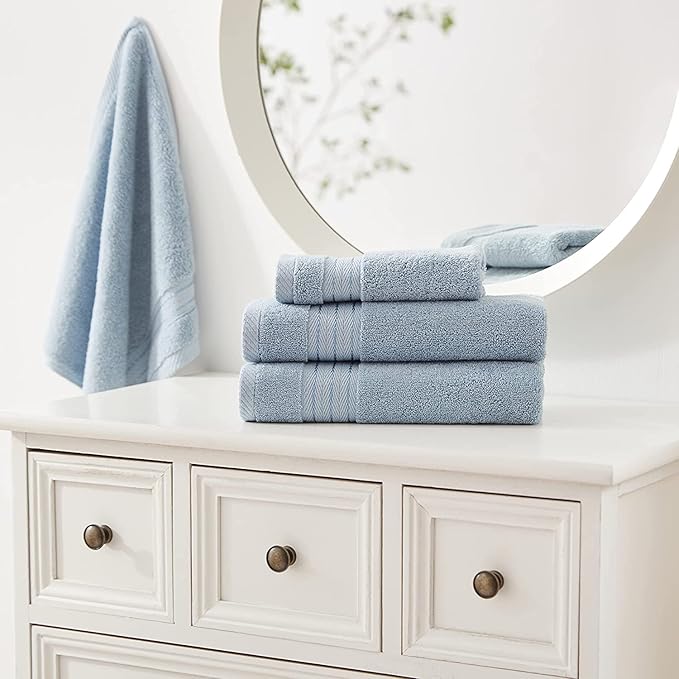 COZYART Light Blue Towels Set for Bathroom 3Pcs, Turkish Cotton Bath Towels Sets for Bathroom Soft Highly Absorbent 650 GSM with 1 Bath Towel, 1 Hand Towel, 1 Washclothe