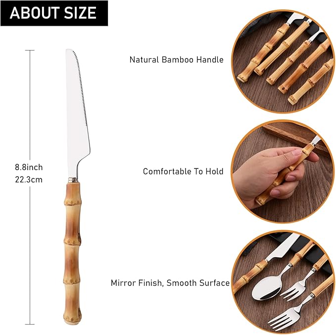 Dinner Knife Set with Bamboo Handle, 8-Piece Stainless Steel Shiny Silver Dinner Knives, Creative Design Table Knives for Home Restaurant, 8.74 inch, Handcrafted
