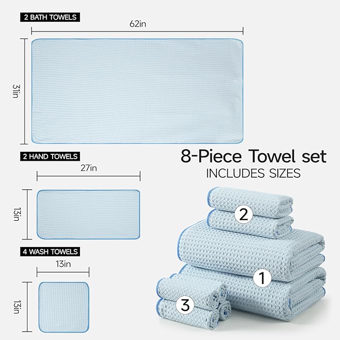 REDKISS 8 Pack Microfiber Waffle Bath Towels - Blue Waffle Towels for Bathroom, Extra Large, Highly Absorbent, Quick Dry Bath Towel Set, Lint Free Bathroom Towel for Gym, Shower, Hotel and Spa