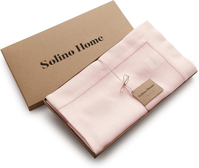 Solino Home Linen Tablecloth 60 x 144 Inch - Classic Hemstitch 100% Pure Linen Pink Table Cloth for Rectangle Tables - Machine Washable Tablecloth for Valentines