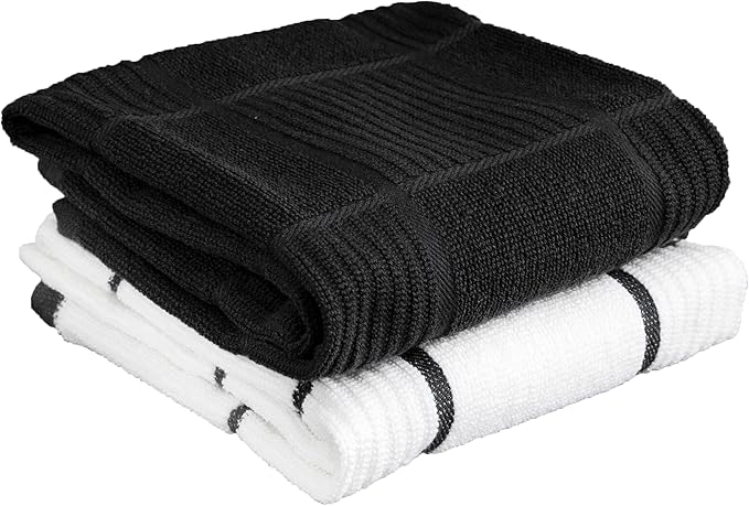 T-Fal Solid & Checked Parquet Kitchen Towels: Highly Absorbent, Super Soft - 100% Cotton, 16"x26" Dish Towels for Cleaning & Drying Dishes, Pans, Glassware, or Countertops, 2-Pack, Charcoal