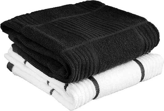 T-Fal Solid & Checked Parquet Kitchen Towels: Highly Absorbent, Super Soft - 100% Cotton, 16"x26" Dish Towels for Cleaning & Drying Dishes, Pans, Glassware, or Countertops, 2-Pack, Charcoal