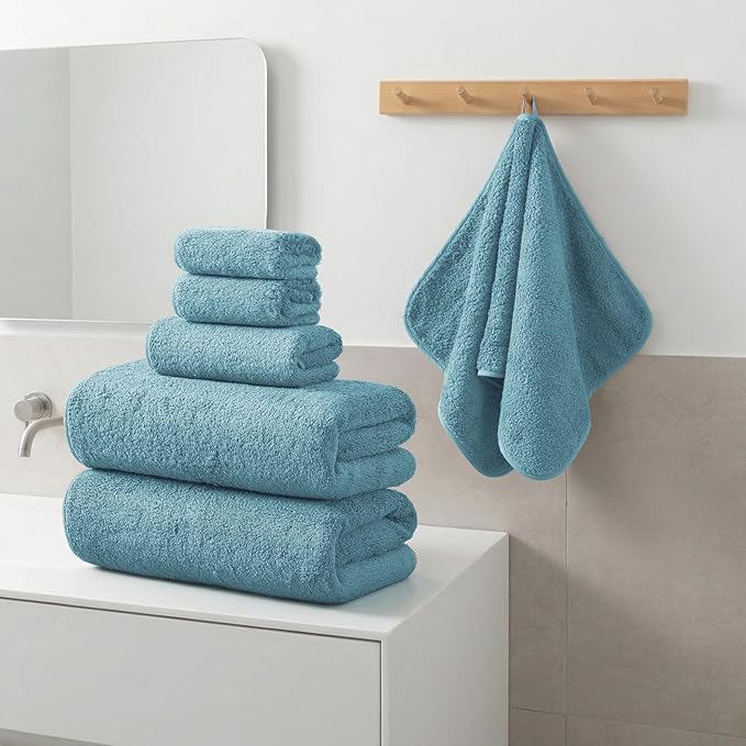REDKISS 6-Piece Bath Towel Set, Ultra-Plush & Highly Absorbent 100% Cotton Towels for Bathroom, Blue Set Includes 2 Bath Towels, 2 Hand Towels, 2 Washcloths