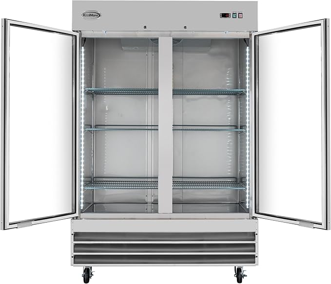 KoolMore Commercial Stainless-Steel Upright Freezer with Reach-In Self-Close Glass Doors, 6 Storage Shelves, Heavy-Duty Caster Wheels, Frost-Free Temperature Control - 47 Cu.Ft [Silver] (RIF-2D-GD)